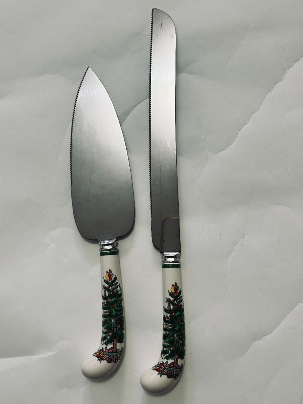 Spode Christmas Tree Cake Knife & Pastry Server 2 pc Porcelain Handles sheffied